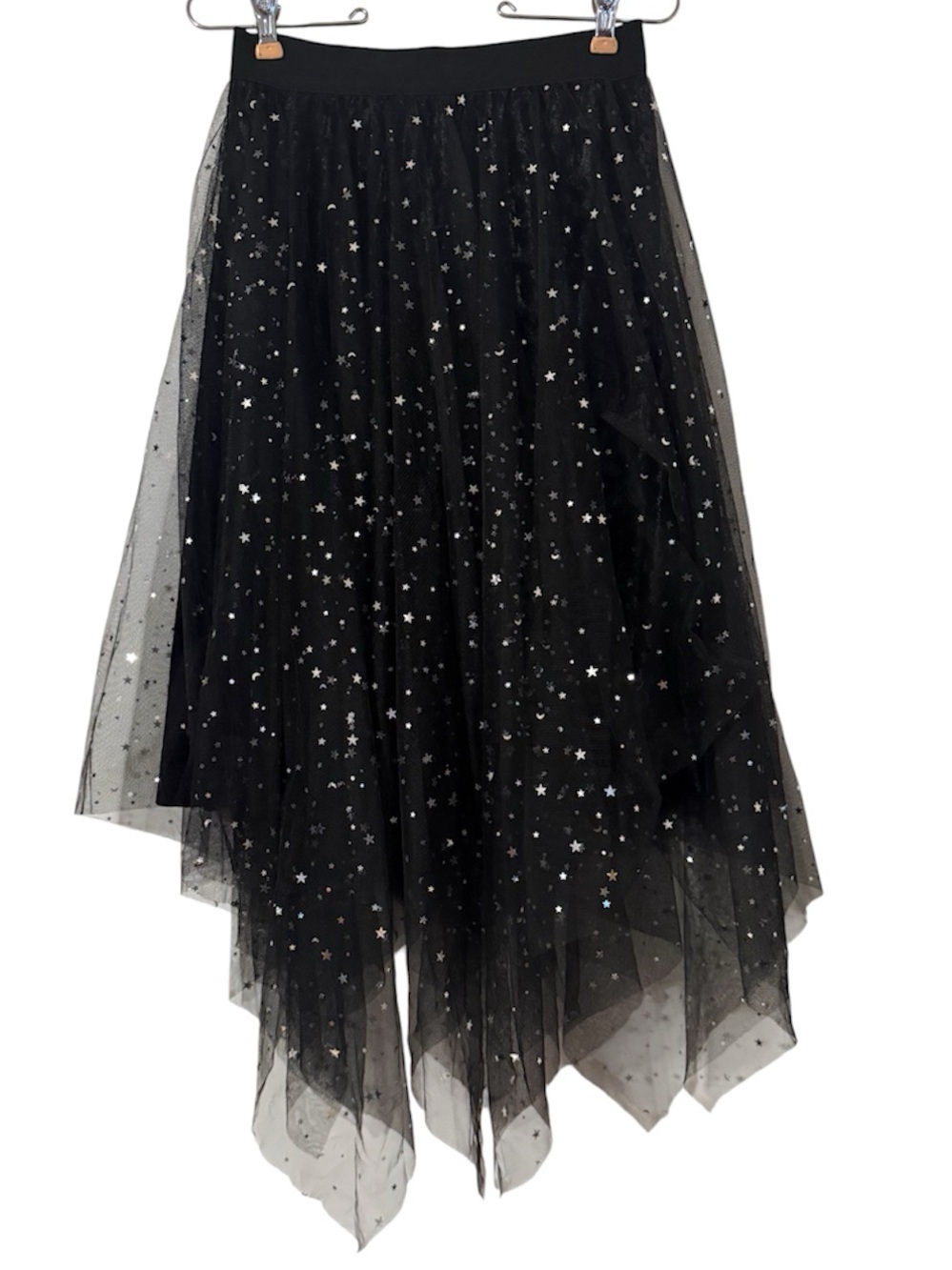 Black Star Sparkle Tulle A-Line Skirt Elastic Waist Handkerchief Hem Celestial